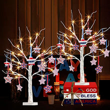 Load image into Gallery viewer, Vanthylit 4th of July Decorations Birch Tree Pack of 2 24 Pieces Independence Day Fabric Star Hanging Ornaments, Battery Powered Timer 24LED Warm White Lights for Patriotic Decor Home Party Decor