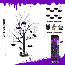 Load image into Gallery viewer, PEIDUO Halloween Decorations, 2FT Black Halloween Tree with 24 Purple Lights and 8 Bat Ornaments, Light up Halloween Decorations with Timer for Indoor Home Desk Table Decor Battery Powered