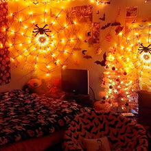 Load image into Gallery viewer, Vanthylit Halloween Spider Web Lights with Black Spider, 70LED Orange Halloween Lights Waterproof for Halloween Decorations Indoor Outdoor