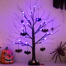 Load image into Gallery viewer, PEIDUO Halloween Decorations, 2FT Black Halloween Tree with 24 Purple Lights and 8 Bat Ornaments, Light up Halloween Decorations with Timer for Indoor Home Desk Table Decor Battery Powered
