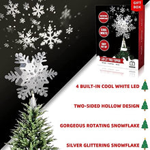 Load image into Gallery viewer, EAMBRITE Christmas Tree Topper Silver Snowflake Tree Topper Projector with Rotating Snowflake Projection Plug in for Indoor and Outdoor Christmas Tree Decoration
