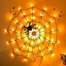 Load image into Gallery viewer, EAMBRITE Halloween Spider Web Lights with Plush Spider Spooky Indoor Decorations Light up Fake Spiderweb Decor Prop for Window Kids Party Haunted House (3FT/100CM)