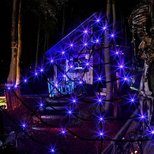 Load image into Gallery viewer, PEIDUO Spider Web Decoration Outdoor,16 * 15FT Giant Halloween Spider Web with 135 LED Purple Lights, Spider Web Lights for Party Yard Bar Haunted House Halloween Decor