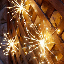 Load image into Gallery viewer, EAMBRITE Battery Operated 8 Inch 60 LED Hanging Starburst Light Bouquet Shape Fairy String Lights Decoration for Home Patio Wedding Party Festive(Copper Wire Warm White)