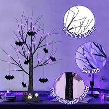 Load image into Gallery viewer, Vanthylit Halloween Tree Decorations, Glittered Black Spooky Tree with Purple Lights and Bat Decorations, Battery Powered Timer Tabletop Tree for Halloween Decorations Indoor Outdoor (2FT, 24LED)