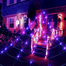 Load image into Gallery viewer, EAMBRITE Halloween Decorations Outdoor Giant Spider Web with 135LT Purple Lights 200" Triangular Huge Black Scary Spider Web Lights for Yard Home Parties Haunted House Decor