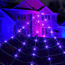 Load image into Gallery viewer, EAMBRITE Halloween Decorations Outdoor Giant Spider Web with 135LT Purple Lights 200" Triangular Huge Black Scary Spider Web Lights for Yard Home Parties Haunted House Decor