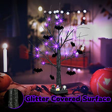 Load image into Gallery viewer, PEIDUO Halloween Decorations, 2FT Black Halloween Tree with 24 Purple Lights and 8 Bat Ornaments, Light up Halloween Decorations with Timer for Indoor Home Desk Table Decor Battery Powered