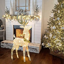 Load image into Gallery viewer, EAMBRITE 48” 70LT Pre-Lit Christmas Glittering Reindeer with Gold Jingle Bell and Twinkle Light Outdoor Holiday Mesh Standing Buck Deer Decorations for Home Lawn Yard Garden Indoor Outdoor Plug in