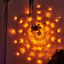 Load image into Gallery viewer, EAMBRITE Halloween Spider Web Lights with Plush Spider Spooky Indoor Decorations Light up Fake Spiderweb Decor Prop for Window Kids Party Haunted House (3FT/100CM)