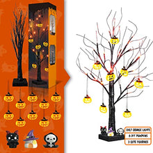 Load image into Gallery viewer, EAMBRITE Halloween Tree, 2FT Black Spooky Tree with 24 LED Orange Lights and 8 Pumpkins, Battery Operated Small Tabletop Black Tree with Timer for Halloween Decorations Christmas Room Home Fireplace