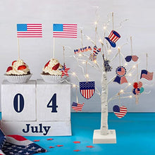 Load image into Gallery viewer, PEIDUO 4th of July Decorations for Home, Artificial Tree with 4th of July Accessories, Battery Powered Patriotic Decorations with Timer, Lighted Birch Tree with LED Lights (2FT Warm White)