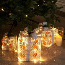 Load image into Gallery viewer, EAMBRITE Set of 3 48LT Christmas Glittering Gift Boxes Lighted with Bows Present Boxes for Christmas Tree Weddings Yard Home Holiday Art Decorations (White and Silver)