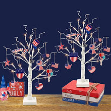 Load image into Gallery viewer, PEIDUO 4th of July Decorations for Home, Set of 2 Artificial Tree with 4th of July Accessories, Battery Powered Patriotic Decorations with Timer, Lighted Birch Tree with LED Lights (2FT Warm White)