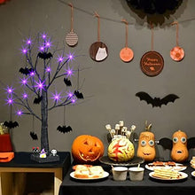 Load image into Gallery viewer, PEIDUO Halloween Decorations, 2FT Black Halloween Tree with 24 Purple Lights and 8 Bat Ornaments, Light up Halloween Decorations with Timer for Indoor Home Desk Table Decor Battery Powered