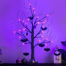 Load image into Gallery viewer, Vanthylit Halloween Tree Decorations, Glittered Black Spooky Tree with Purple Lights and Bat Decorations, Battery Powered Timer Tabletop Tree for Halloween Decorations Indoor Outdoor (2FT, 24LED)