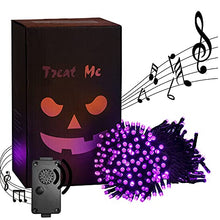 Load image into Gallery viewer, Eambrite Halloween Lights 20m 200 LED Purple Fairy Lights Plug in with Horror Halloween Music Sync Waterproof Outdoor String Lights Decorations for Garden Home Haunted House Décor- Black Cable
