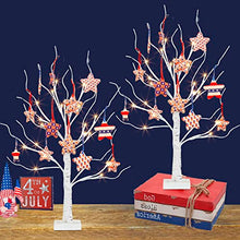 Load image into Gallery viewer, PEIDUO 4th of July Decorations for Home, 2PK Artificial Tree with 4th of July Accessories, Battery Powered Independence Day Decorations with Timer, Lighted Birch Tree with LED Lights (2FT Warm White)