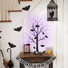 Load image into Gallery viewer, PEIDUO Halloween Decorations, 2FT Black Halloween Tree with 24 Purple Lights and 8 Bat Ornaments, Light up Halloween Decorations with Timer for Indoor Home Desk Table Decor Battery Powered