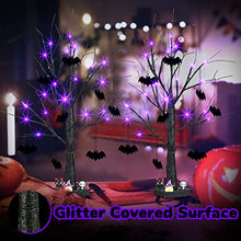 Load image into Gallery viewer, PEIDUO Halloween Decorations, 2FT Black Halloween Tree with 24 Purple Lights and 8 Bat Ornaments, Light up Halloween Decorations with Timer for Indoor Home Desk Table Decor (2PK)