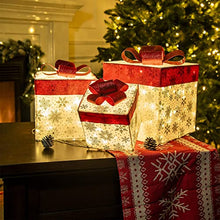 Load image into Gallery viewer, EAMBRITE 3PK Light up Boxes Silver Snowflake Patterned Gift Boxes with Warm White Lights Plug in for Christmas Decorations Home and Outdoor Décor