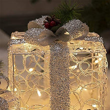 Load image into Gallery viewer, EAMBRITE 3PK Light up Present Boxes Silver Gift Boxes with Warm White Lights Plug in for Christmas Decorations Home and Outdoor Décor