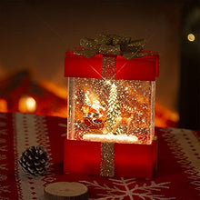 Load image into Gallery viewer, EAMBRITE Musical Christmas Snow Globe Lantern with Santa Claus Reindeer Sled Decorations USB Battery Operated Light up Red Box with Gold Bow for Kids Christmas Decoration-18cm