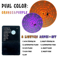 Load image into Gallery viewer, PABIPABI Orange & Purple Halloween Spider Web Lights, 4FT Halloween Decoration with 84LED and 8 Modes, Light up Indoor & Outdoor Decoration for Halloween Party Yard Bar Haunted House