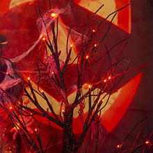 Load image into Gallery viewer, PEIDUO 2 FT Black Halloween Tree with 24 Red Lights and Halloween Tree Ornaments Light up Bonsai Tree with Timer for Halloween Decorations Indoor Battery Powered