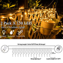 Load image into Gallery viewer, PABIPABI 2 Pack 150 LED 12FT Christmas Icicle Lights Outdoor, IP44 Waterproof Window Curtain Fairy Lights, Twinkle Icicle String Lights for Patio Roof Railings Party Decoration Plug in Warm White
