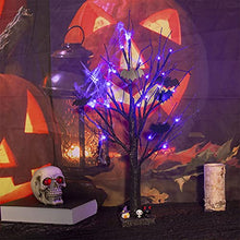 Load image into Gallery viewer, PEIDUO Halloween Decorations, 2FT Black Halloween Tree with 24 Purple Lights and 8 Bat Ornaments, Light up Halloween Decorations with Timer for Indoor Home Desk Table Decor Battery Powered
