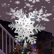 Load image into Gallery viewer, EAMBRITE 11.375" Hollow Silver Snowflake Christmas Tree Top Lights with Rotating Snowflakes Group Projector Christmas Tree Decoration