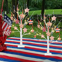 Load image into Gallery viewer, PEIDUO 4th of July Decorations for Home, 2PK Artificial Tree with 4th of July Accessories, Battery Powered Independence Day Decorations with Timer, Lighted Birch Tree with LED Lights (2FT Warm White)