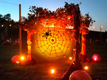 Load image into Gallery viewer, PABIPABI Orange & Purple Halloween Spider Web Lights, 4FT Halloween Decoration with 84LED and 8 Modes, Light up Indoor & Outdoor Decoration for Halloween Party Yard Bar Haunted House