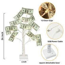Load image into Gallery viewer, PABIPABI Money Tree Gift Holder,24 LED Lighted Display Tree with 12 Clear Clips, Battery/USB Powered Timer Birch Tree for Christmas, Memo, Present Card, Photo, Wedding, Birthday Graduation