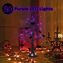 Load image into Gallery viewer, PEIDUO Halloween Decorations, 2FT Black Halloween Tree with 24 Purple Lights and 8 Bat Ornaments, Light up Halloween Decorations with Timer for Indoor Home Desk Table Decor Battery Powered