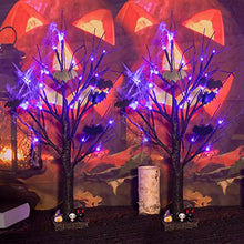 Load image into Gallery viewer, PEIDUO Halloween Decorations, 2FT Black Halloween Tree with 24 Purple Lights and 8 Bat Ornaments, Light up Halloween Decorations with Timer for Indoor Home Desk Table Decor (2PK)