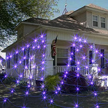 Load image into Gallery viewer, EAMBRITE Halloween Decorations Outdoor Giant Spider Web with 135LT Purple Lights 200" Triangular Huge Black Scary Spider Web Lights for Yard Home Parties Haunted House Decor