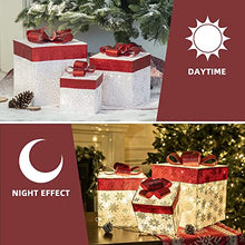 Load image into Gallery viewer, EAMBRITE 3PK Light up Boxes Silver Snowflake Patterned Gift Boxes with Warm White Lights Plug in for Christmas Decorations Home and Outdoor Décor
