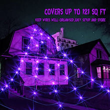 Load image into Gallery viewer, EAMBRITE Halloween Decorations Outdoor Giant Spider Web with 135LT Purple Lights 200" Triangular Huge Black Scary Spider Web Lights for Yard Home Parties Haunted House Decor