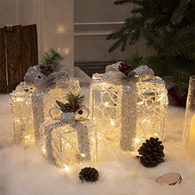 Load image into Gallery viewer, EAMBRITE 3PK Light up Present Boxes Silver Gift Boxes with Warm White Lights Plug in for Christmas Decorations Home and Outdoor Décor