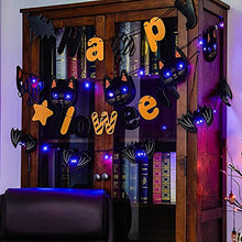 Load image into Gallery viewer, PEIDUO Halloween Purple Banner String Lights, Set of 2 with Black Cats and Bats Ornaments Purple LED Hanging Lights Battery Powered Fairy Lights Decoration for Halloween Bedroom Party Decorations
