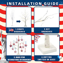 Load image into Gallery viewer, EAMBRITE 4th of July Decorations for Home, Light up Birch Tree with 24pcs Star Hanging Ornaments, Red White and Blue Decor, Patriotic Lighted Tabletop Battery Powered Timer for Memorial Day, Party