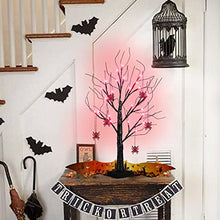 Load image into Gallery viewer, PEIDUO 2 FT Black Halloween Tree with 24 Red Lights and Halloween Tree Ornaments Light up Bonsai Tree with Timer for Halloween Decorations Indoor Battery Powered