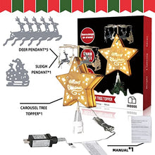 Load image into Gallery viewer, EAMBRITE Christmas Animated Tree Topper, Rotating Carousel Tree Topper, Gold Star Treetop Light with Deer Pulling Sleigh Pendants Christmas Decoratons