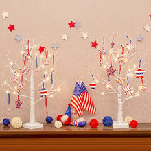 Load image into Gallery viewer, PEIDUO 4th of July Decorations for Home, 2PK Artificial Tree with 4th of July Accessories, Battery Powered Independence Day Decorations with Timer, Lighted Birch Tree with LED Lights (2FT Warm White)