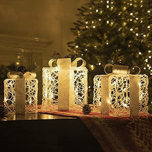 Load image into Gallery viewer, EAMBRITE 3PK Light up Present Boxes Silver Gift Boxes with Warm White Lights Plug in for Christmas Decorations Home and Outdoor Décor