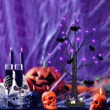 Load image into Gallery viewer, Vanthylit Halloween Tree Decorations, Glittered Black Spooky Tree with Purple Lights and Bat Decorations, Battery Powered Timer Tabletop Tree for Halloween Decorations Indoor Outdoor (2FT, 24LED)