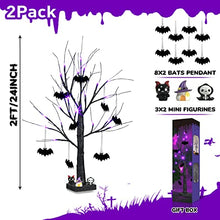 Load image into Gallery viewer, PEIDUO Halloween Decorations, 2FT Black Halloween Tree with 24 Purple Lights and 8 Bat Ornaments, Light up Halloween Decorations with Timer for Indoor Home Desk Table Decor (2PK)