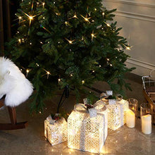 Load image into Gallery viewer, EAMBRITE Set of 3 48LT Christmas Glittering Gift Boxes Lighted with Bows Present Boxes for Christmas Tree Weddings Yard Home Holiday Art Decorations (White and Silver)